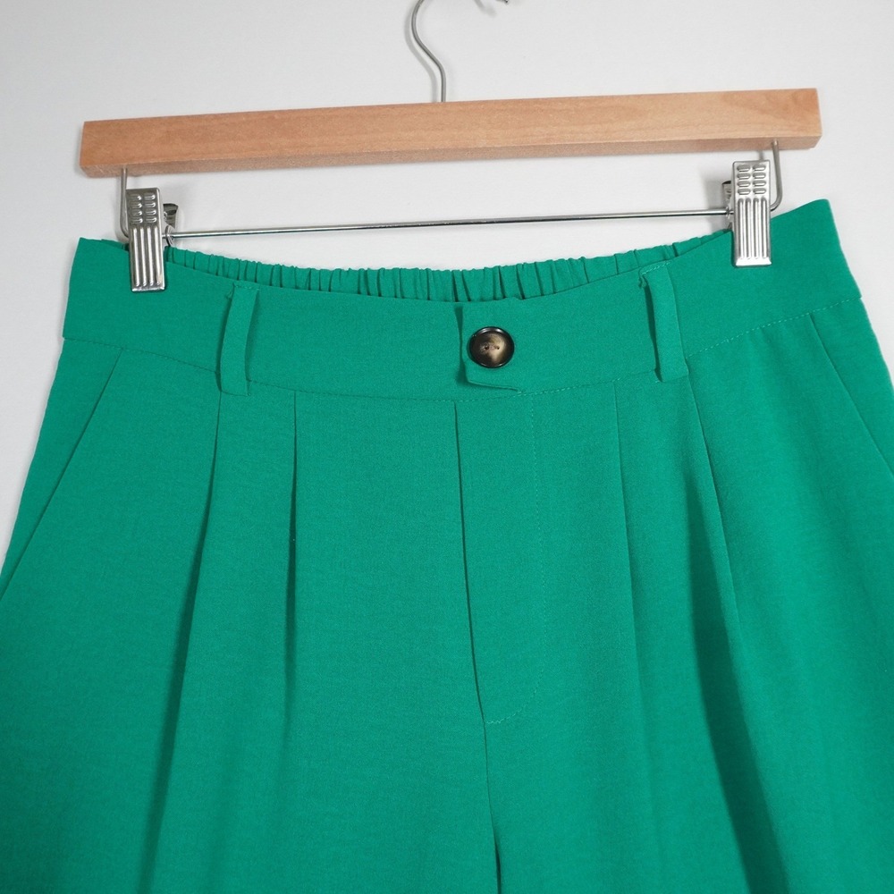 Tulleé Kelly Green Pleated Wide Leg High Rise Trousers Large Bold Career Preppy - Picture 2 of 11